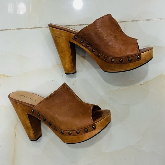 ZIGI Girl Tan  Leather Studded Wood Platform Clog Heeled Mules Womens Size 8.5 main image 10